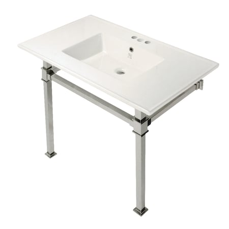 Kingston Brass KVPB37224Q6 37-Inch Console Sink with Stainless Steel Legs (4-Inch, 3 Hole), White/Polished Nickel KVPB37224Q6